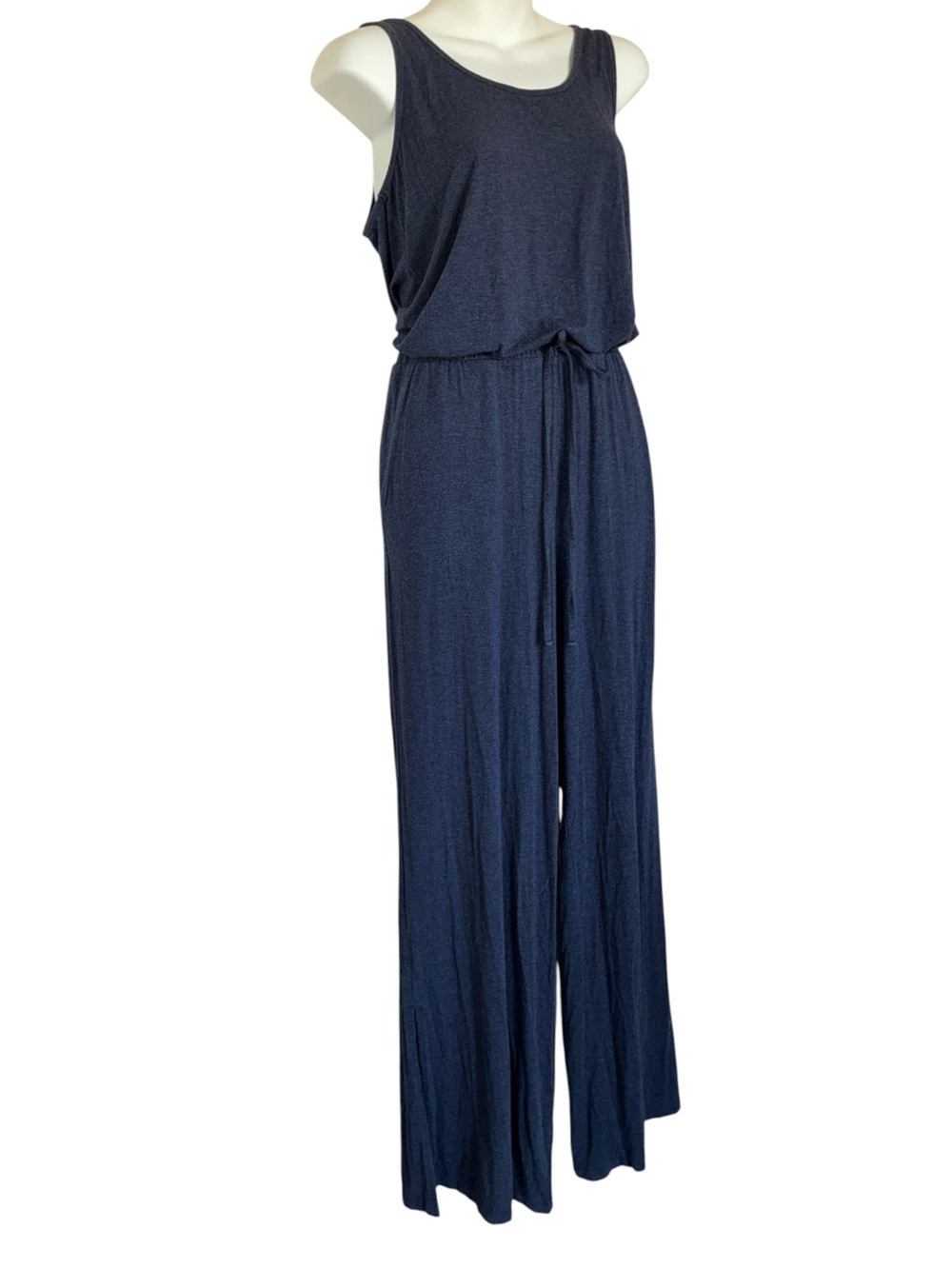 Athleta Jumpsuit, Women's 8, Navy Sleeveless, Wide-Leg, Drawstring, Pockets. EUC